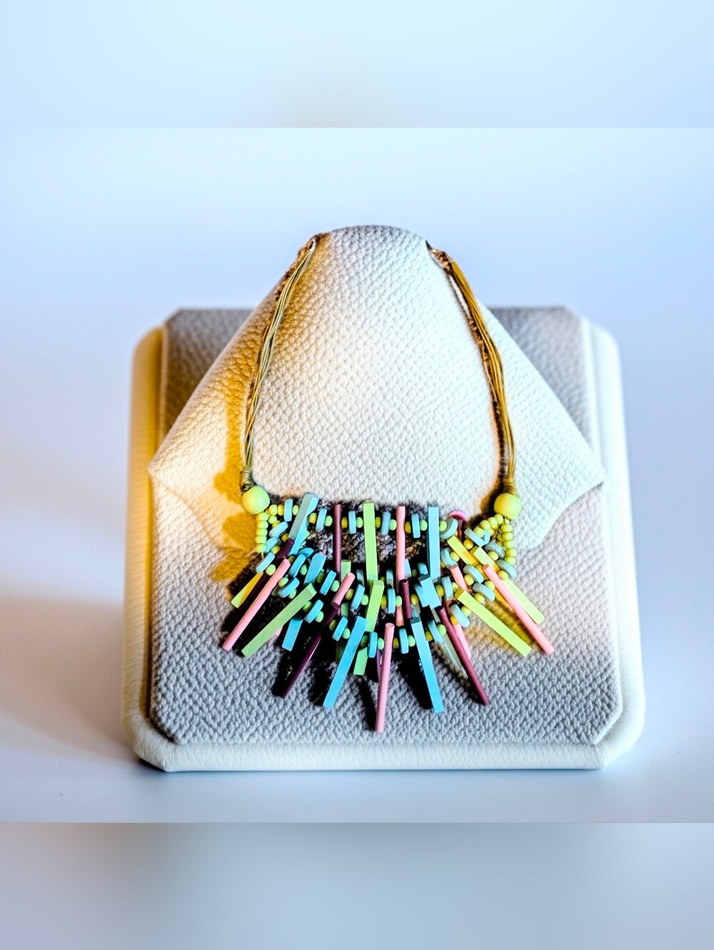 Handmade Pastel Wood & Bead Fringe Statement Necklace - Bohemian